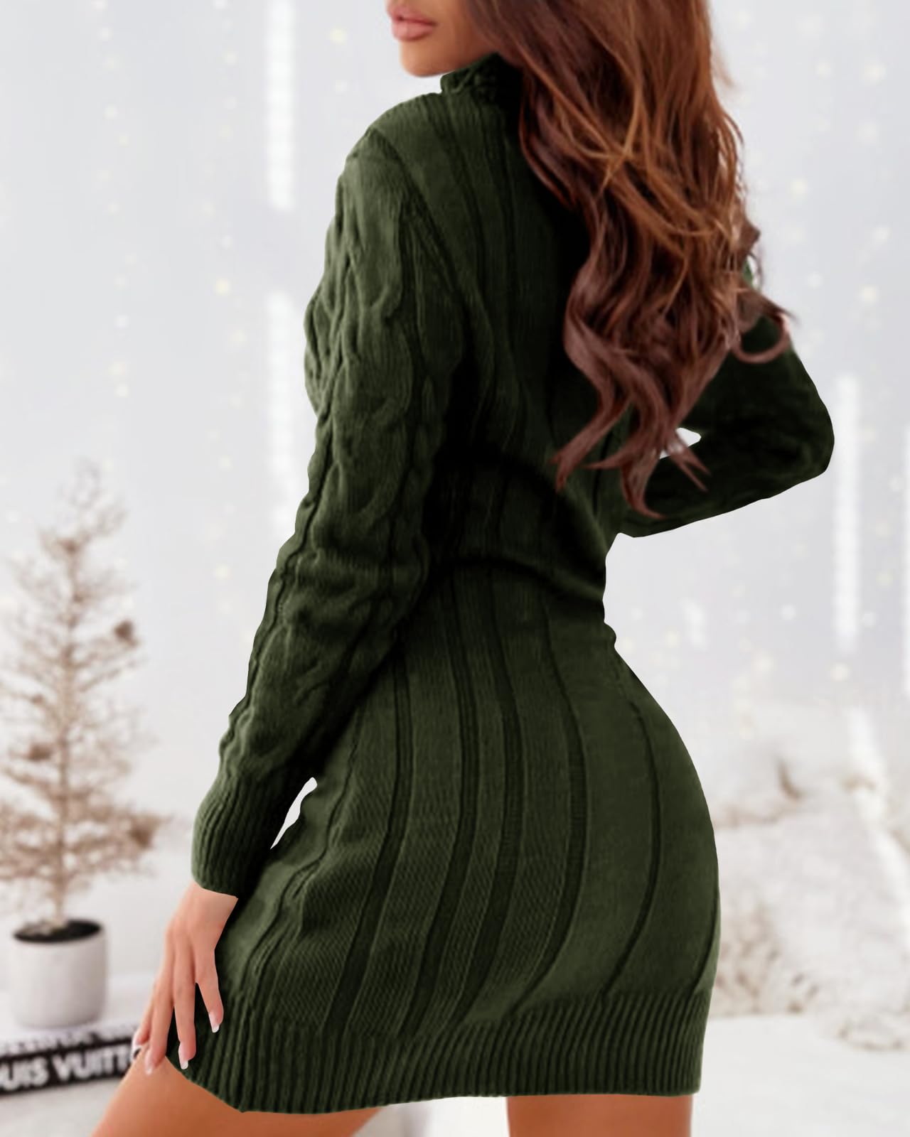 Langwyqu Women's Sexy Cable Knit Sweater Dress - Long Sleeve Turtleneck Bodycon Mini Dress for Fall | Perfect for Date Nights, Office Wear & Holiday Outfits