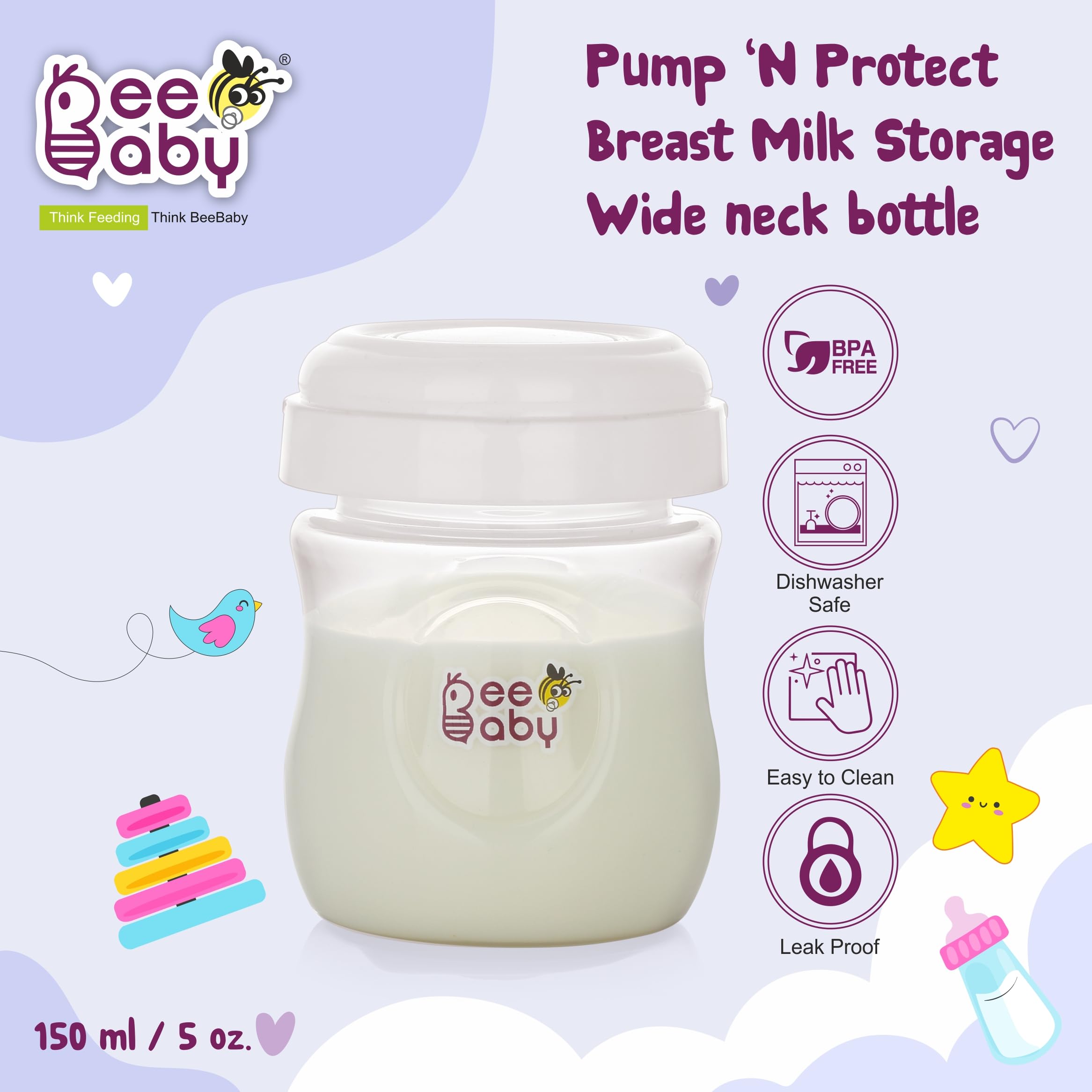 BeeBaby Pump N' Protect Breast Milk Storage Bottles - 3 Pack, BPA Free, 150ml/5oz, Fits Most Wide Neck Breast Pumps - Perfect for Pumping, Storing & Feeding On-the-Go