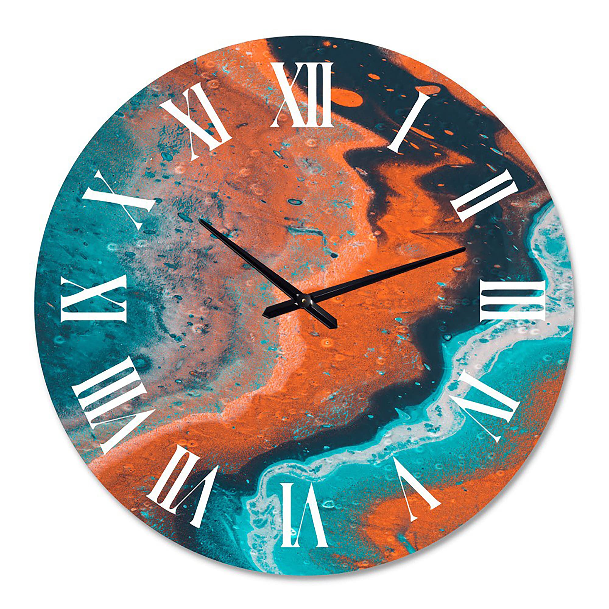 DesignQ Modern Abstract Marble Wall Clock - Blue & Orange Large Fractal Art Clock for Kitchen, Living Room, Office Decor | Silent Non-Ticking Home & Office Wall Decor