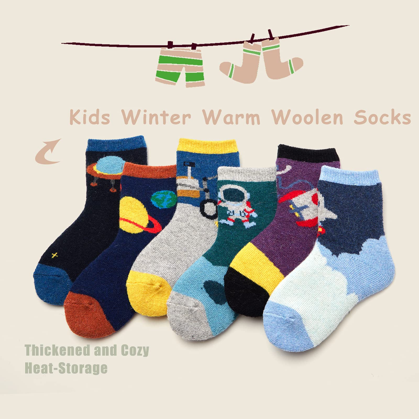 Boys Wool Socks - 6 Pairs Thick Thermal Winter Crew Socks for Kids - Warm & Cozy for Snow Days, Outdoor Activities & Cold Weather