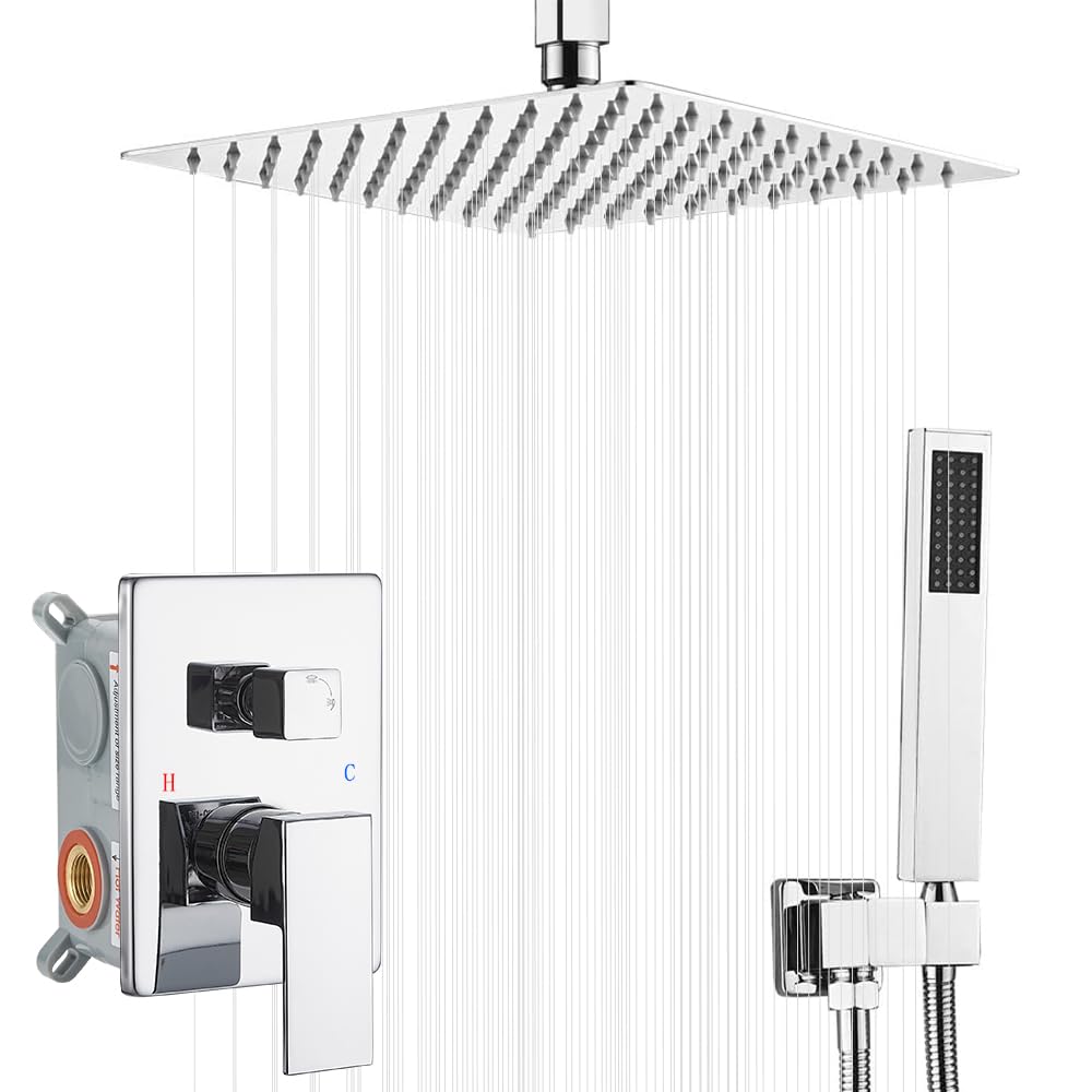 10 Inch Ceiling Mounted Rain Shower System - Polished Chrome Rainfall Shower Head with Mixer Valve & Rough-in Trim - Perfect for Modern Bathroom & Spa-like Shower Experience