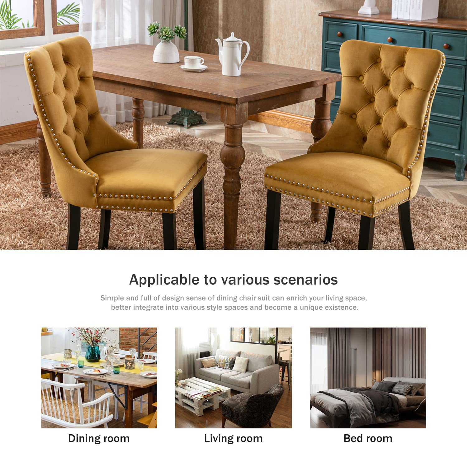 Luxury Velvet Dining Chairs Set of 2 - Upholstered Tufted Accent Chairs with Ring Pull Trim & Button Back, Mid-Century Modern Dining Room Chairs for Kitchen, Living Room, Bedroom (Gold) | Perfect for Home Decor, Dinner Parties & Cozy Seating Areas