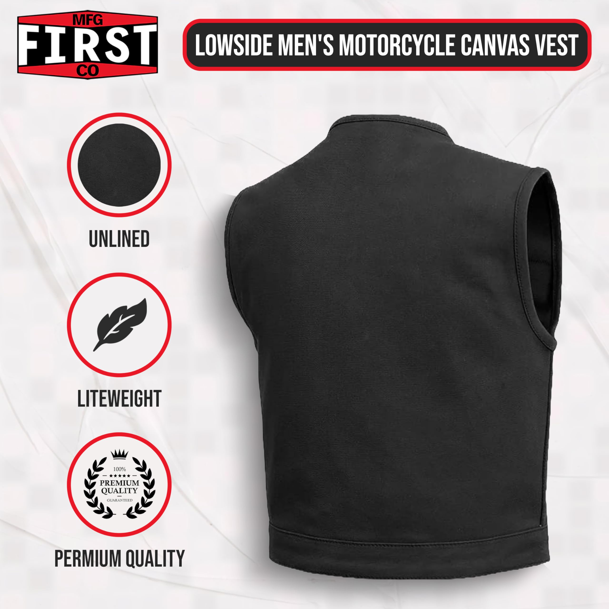 First Mfg Co - Lowside Men's Motorcycle Vest - Biker Riding Jacket in Canvas, Leather & Twill with Perforated Leather Panels | Cruising, Touring & Urban Riding Gear