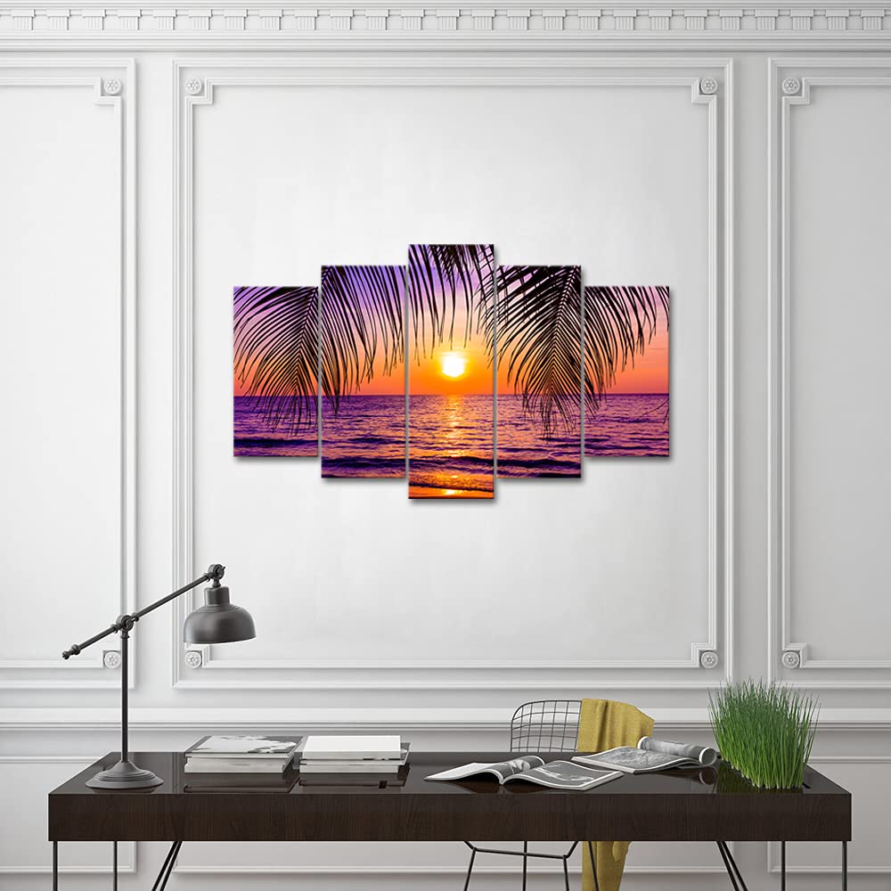 5 Piece Golden Seascape Ocean Beach Wall Art - Hawaii Sunset Canvas Prints, Stretched & Framed Ready to Hang - Modern Coastal Decor for Living Room, Bedroom & Office