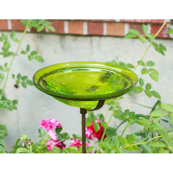 Fern Green Crackle Glass Birdbath Bowl for Garden Decor - Handmade Outdoor Bird Feeder with Crackled Texture, Perfect for Attracting Birds to Your Backyard or Patio