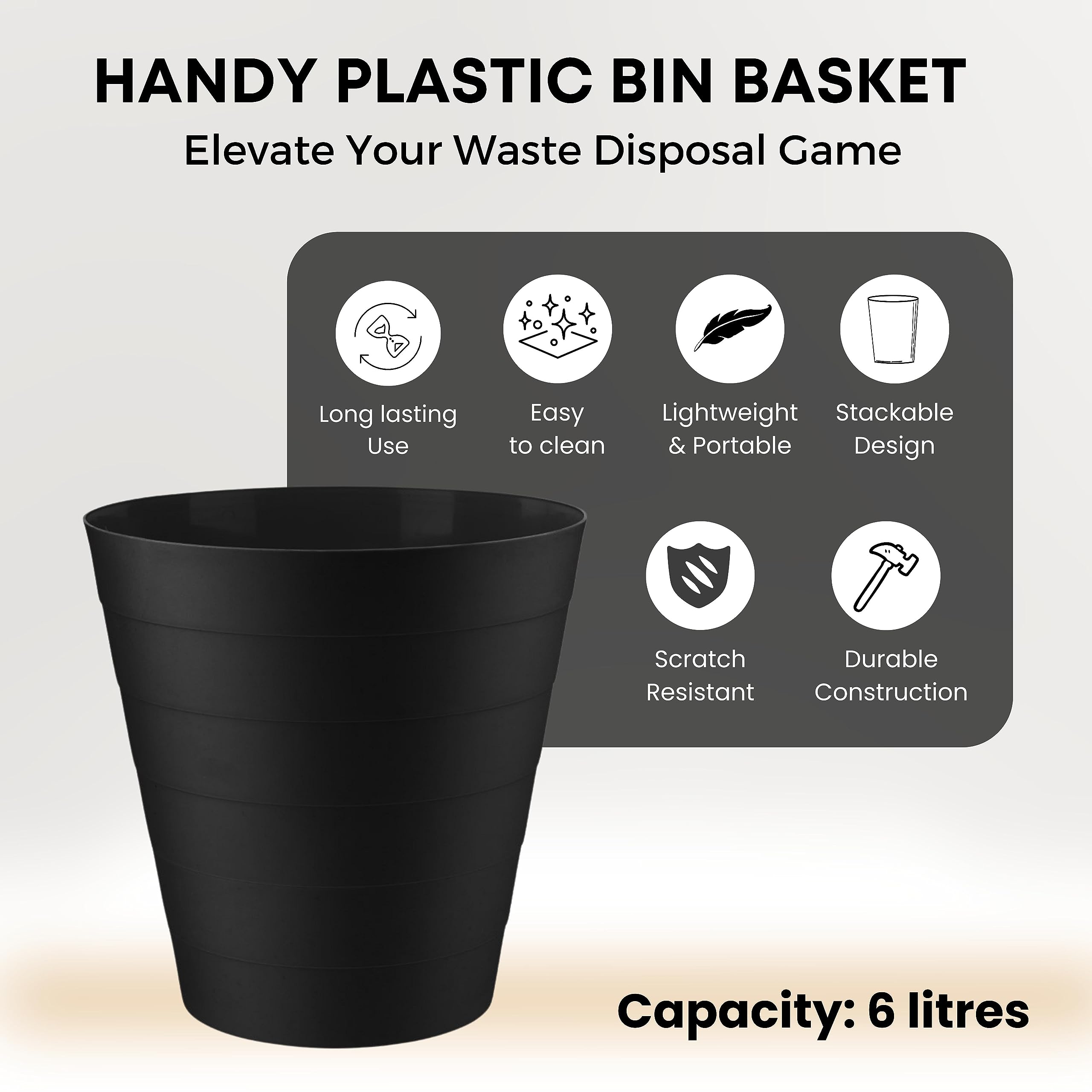 Homeshopa 6L Round Plastic Waste Paper Bin - Lightweight Trash Can for Kitchen, Bedroom, Bathroom & Outdoor - Open-Top Design Garbage Container Dustbin (Black) | Perfect for Home, Office & Commercial Spaces