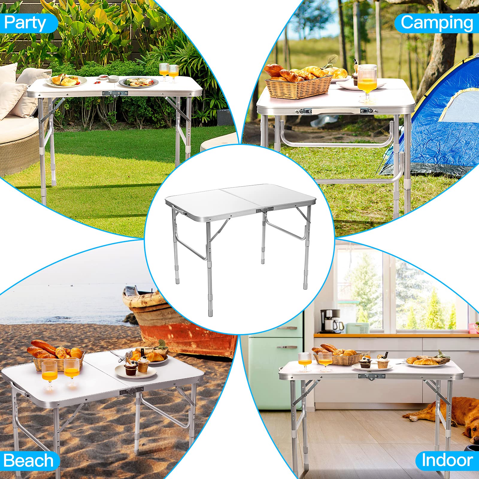 Rainfally 3FT Folding Picnic Table - Adjustable Height Aluminum Camping Table, Portable Fold-in-Half Dining Table for Outdoor, Indoor, Travel & BBQ (35.5