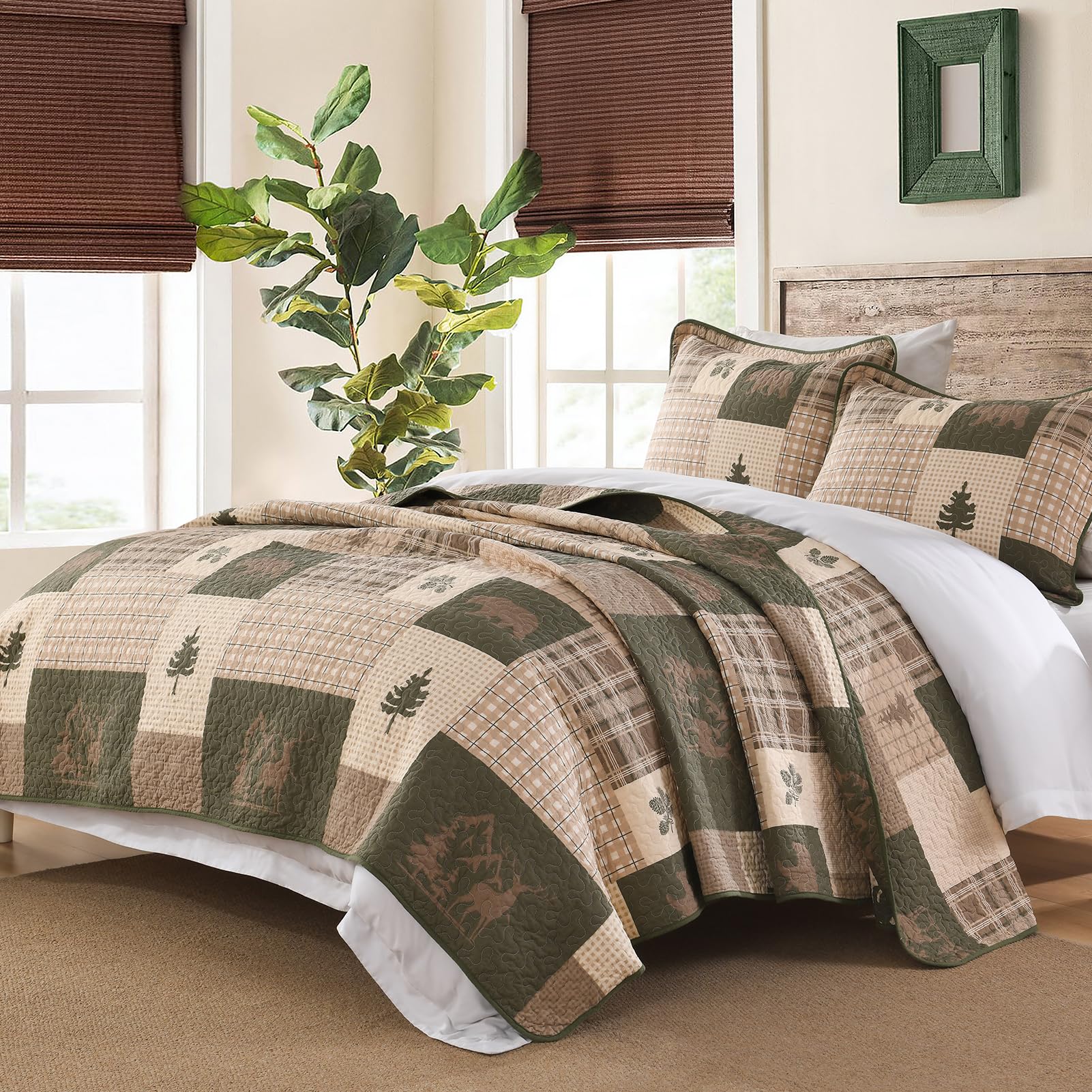 SahSahCasa 100% Cotton Queen Size Quilt Set - Reversible Farmhouse Rustic Lodge Bedspread, Lightweight Comforter for Queen Bed (3-Piece, Beige/Grayish Green/Brown) - Perfect for Cabin, Bedroom & Cozy Farmhouse Decor