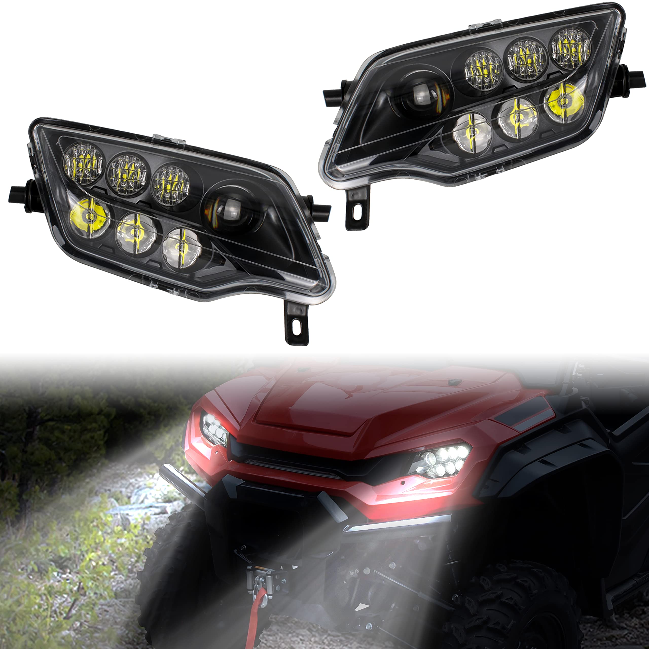 SAUTVS LED Headlight Assembly for Honda Pioneer 1000 700 / Talon / Rancher 420 / Foreman 500 / Rubicon - High & Low Beam Replacement Headlights (2-Piece Set) - Perfect for Off-Roading, Night Riding & Trail Adventures