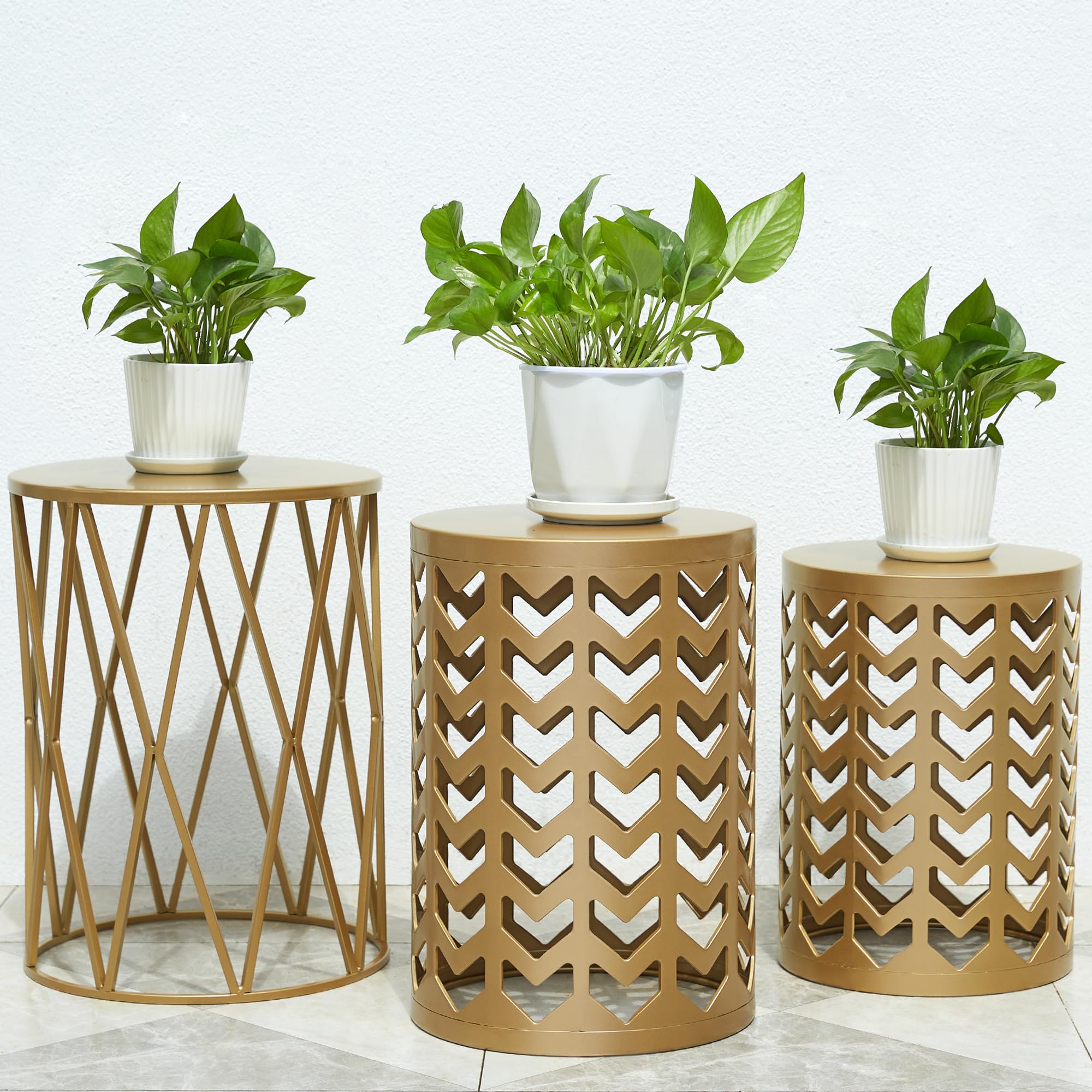 HFHOME Set of 3 Round Metal Nesting Tables - Side End Tables, Nightstand, Coffee Table for Living Room, Bedroom, Patio - Indoor & Outdoor Heavy Duty Metal Plant Stand, Garden Stool in Golden (Ship from US) | Perfect for Small Spaces, Coffee Table Sets, and Home Decor