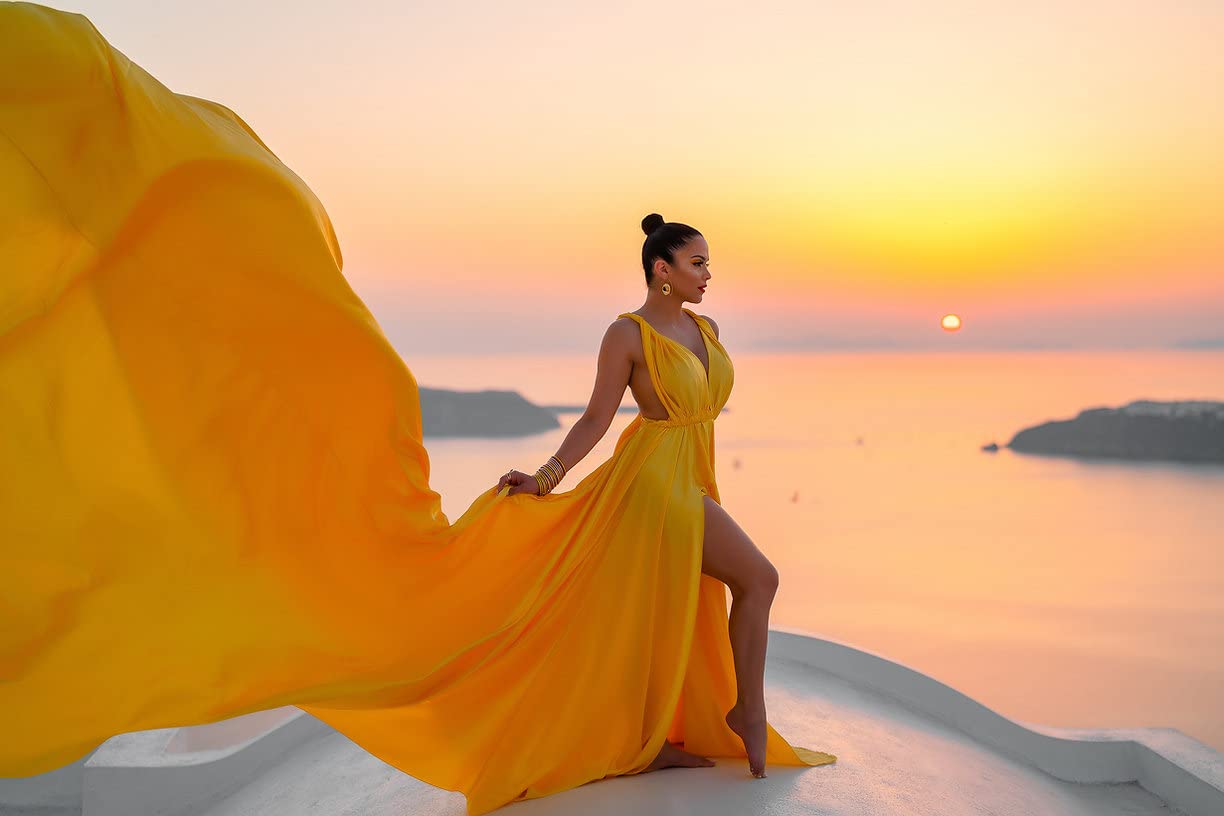 Elegant Satin Photoshoot Dress with Long Train - Flowy Flying Maxi Dress for Women | Perfect for Santorini Vacations, Beach Weddings & Boho Style Photography