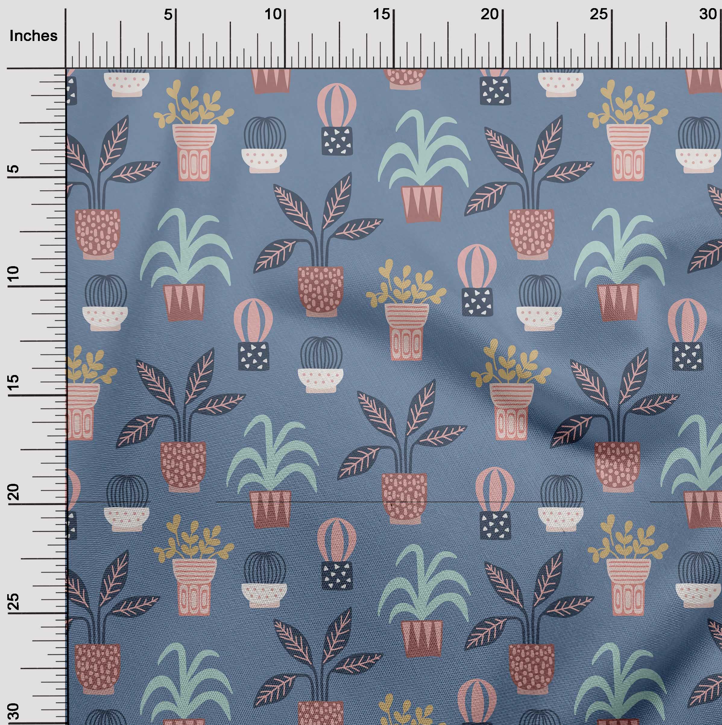 Premium Cotton Poplin Twill Fabric - Teal Blue with Flower Pots Motif - 56 Inch Wide for DIY Craft Projects, Home Decor & Sewing | Perfect for Curtains, Pillows & Table Runners