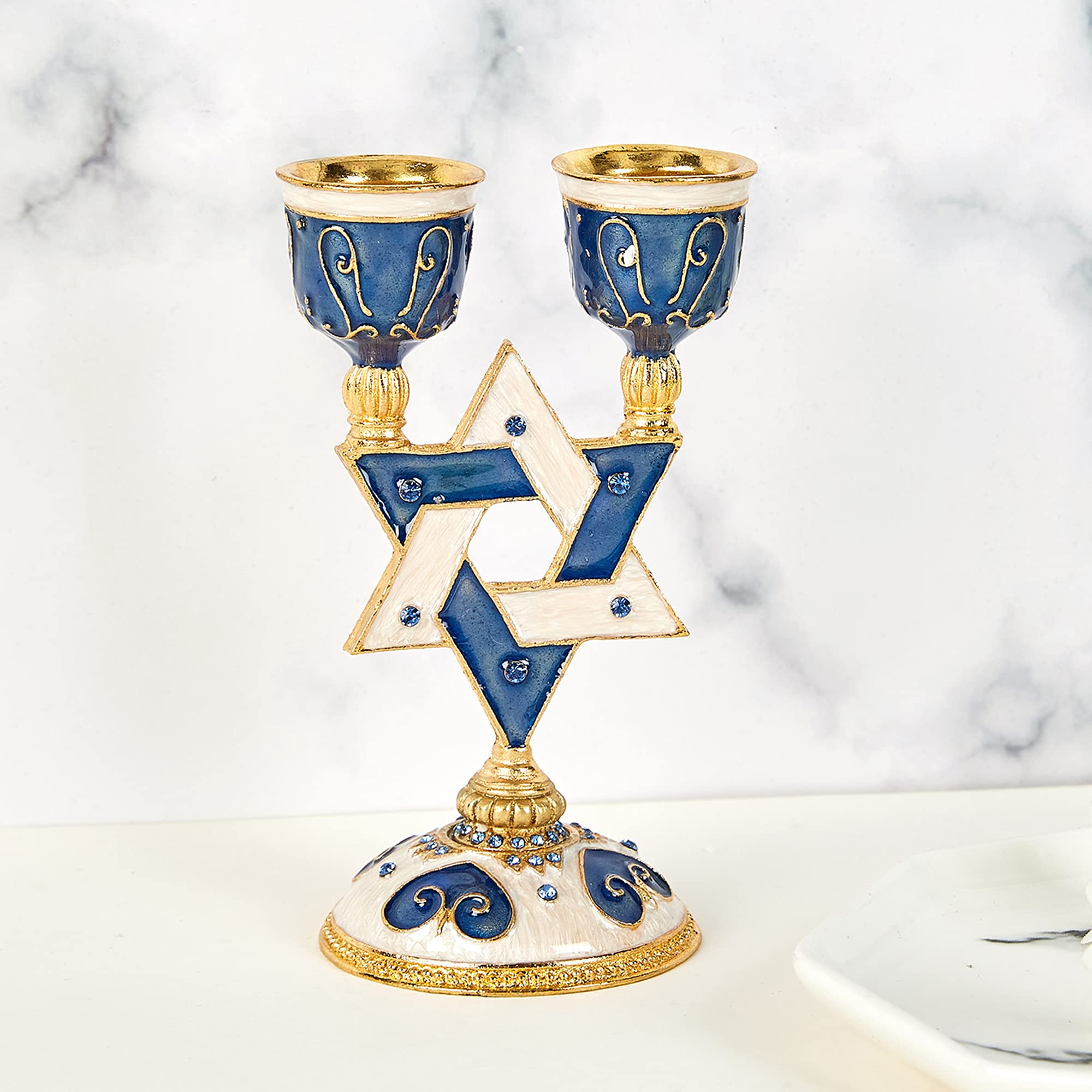 Matashi Oil Candle Holders Set of 2 - Elegant Crystal Star of David Design for Modern Home & Jewish Holiday Decor (Blue) | Perfect for Hanukkah Celebrations, Table Centerpieces, and Spiritual Home Accents