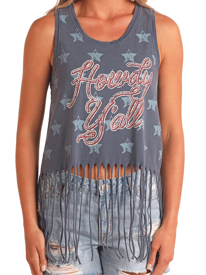 Rock & Roll Denim BW20T05941 Women's Howdy Y'all Fringe Tank Top - Blue Denim Western Style Shirt for Country Music Festivals & Cowgirl Outfits