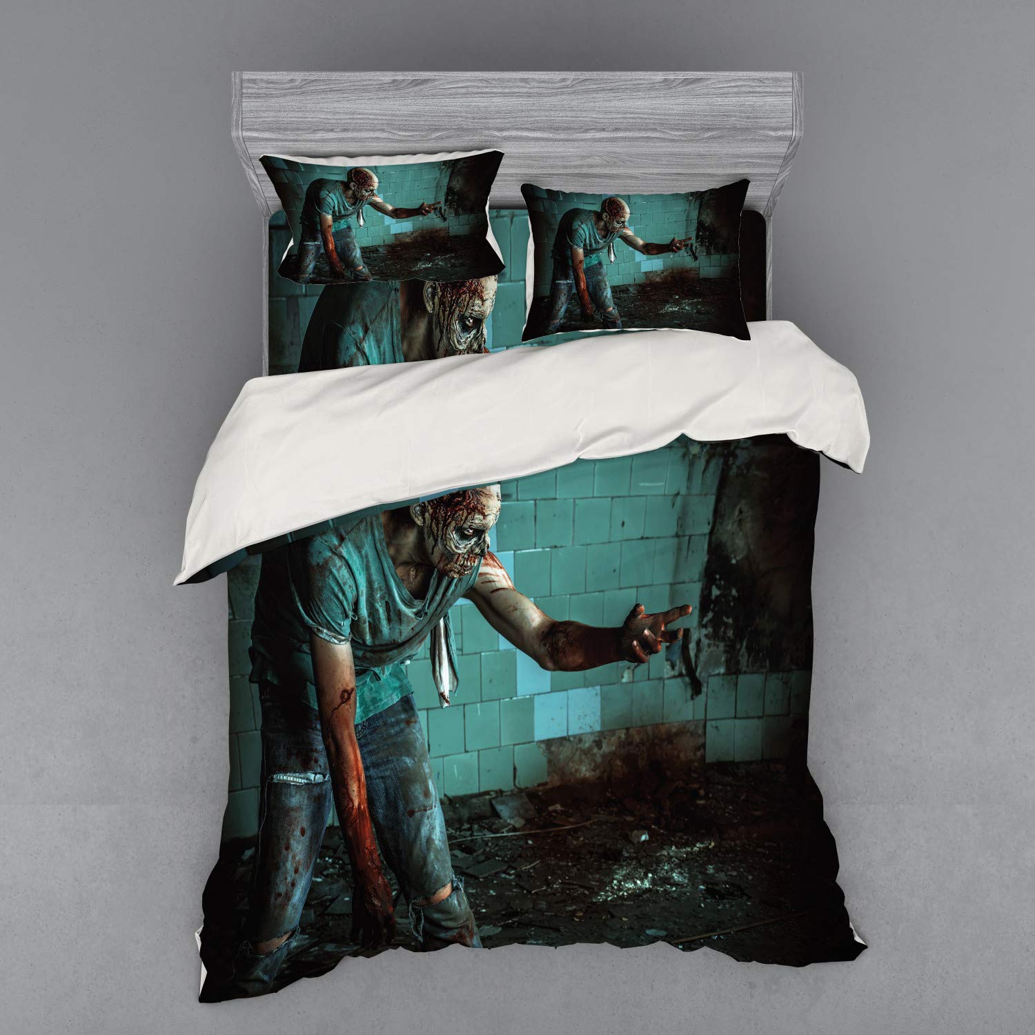 Ambesonne Zombie Duvet Cover Set - Dead Man in Abandoned House Horror Fantasy Art Bedding (Queen Size, Teal & Charcoal Grey) | 4-Piece Set with Shams & Fitted Sheet | Perfect for Halloween Decor, Horror Theme Bedroom, or Gift for Zombie Lovers