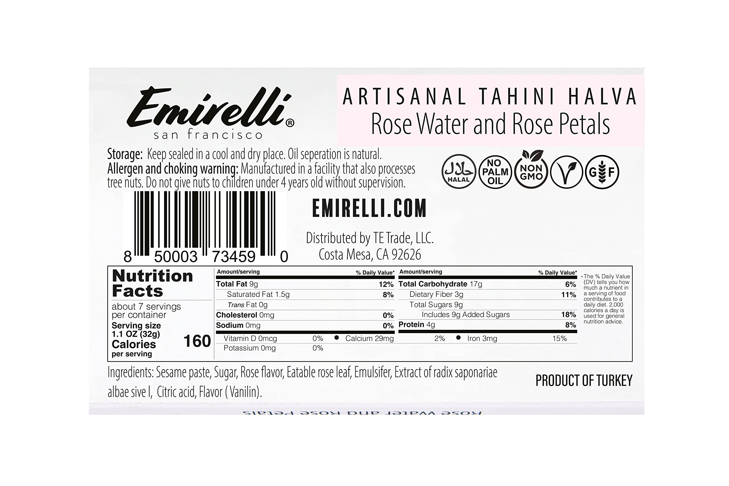 Premium Emirelli Artisanal Halva Dessert - Authentic Middle Eastern Tahini Candy | Vegan Turkish Sweets 55% Tahini Halwa | Traditional Halvah with Rose Water & Petals | Perfect for Gifts, Snacking & Middle Eastern Cuisine | Pack of 1