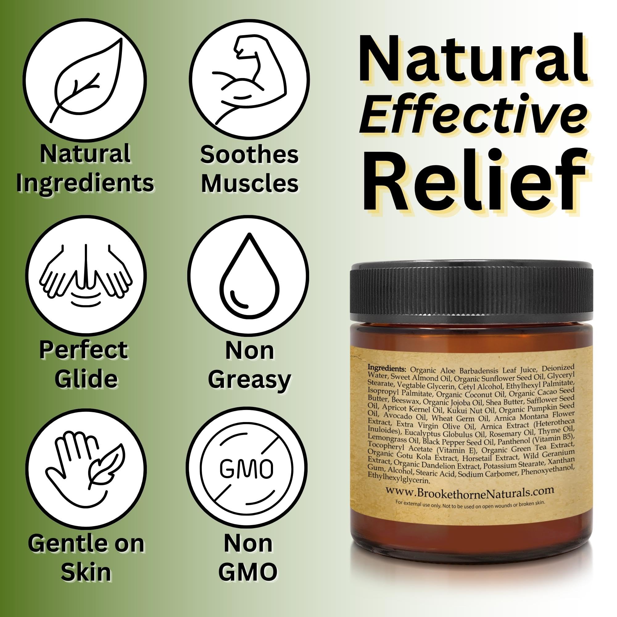 Brookethorne Naturals Organic Arnica Cream with Lemongrass, Eucalyptus & Rosemary Essential Oils - Natural Muscle Relief Lotion for Soreness & Stiffness - Perfect for Post-Workout Recovery, Massage Therapy & Joint Pain Relief