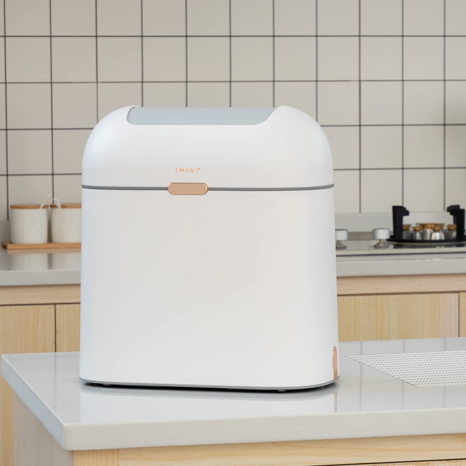 EMANE 13 Gallon Motion Sensor Trash Can with Butterfly Lid - Touchless Automatic Garbage Bin, Waterproof & Odor-Proof for Kitchen, Bathroom, Office - White with Golden Button (Ideal for Hands-Free Waste Disposal in High-Traffic Areas)