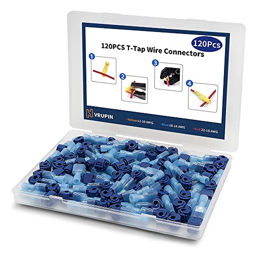 Vrupin 120 PCS T Tap Wire Connectors - Blue 18-14AWG Waterproof Quick Splice Terminals Kit, Self-Stripping Electrical Connectors for Automotive Wiring, Marine & Outdoor Lighting Applications