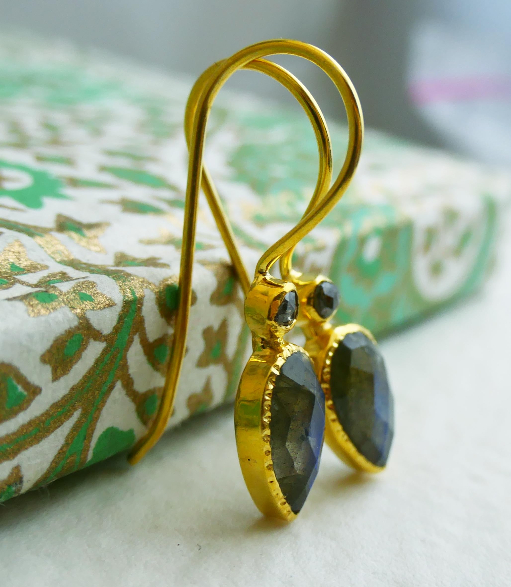 Labradorite and Diamond Gold Plated Sterling Silver Drop Earrings | Natural Gemstone Jewelry for Women | Handmade Birthday, Valentine's & Mother's Day Gift | Elegant Evening Wear & Special Occasion Accessories