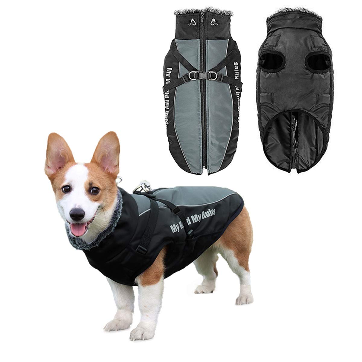 Vehomy Waterproof Windproof Dog Winter Coat with Harness & Furry Collar - Reflective Warm Dog Jacket for Medium Large Dogs XL - Outdoor Cold Weather Apparel for Walking, Hiking, and Winter Adventures