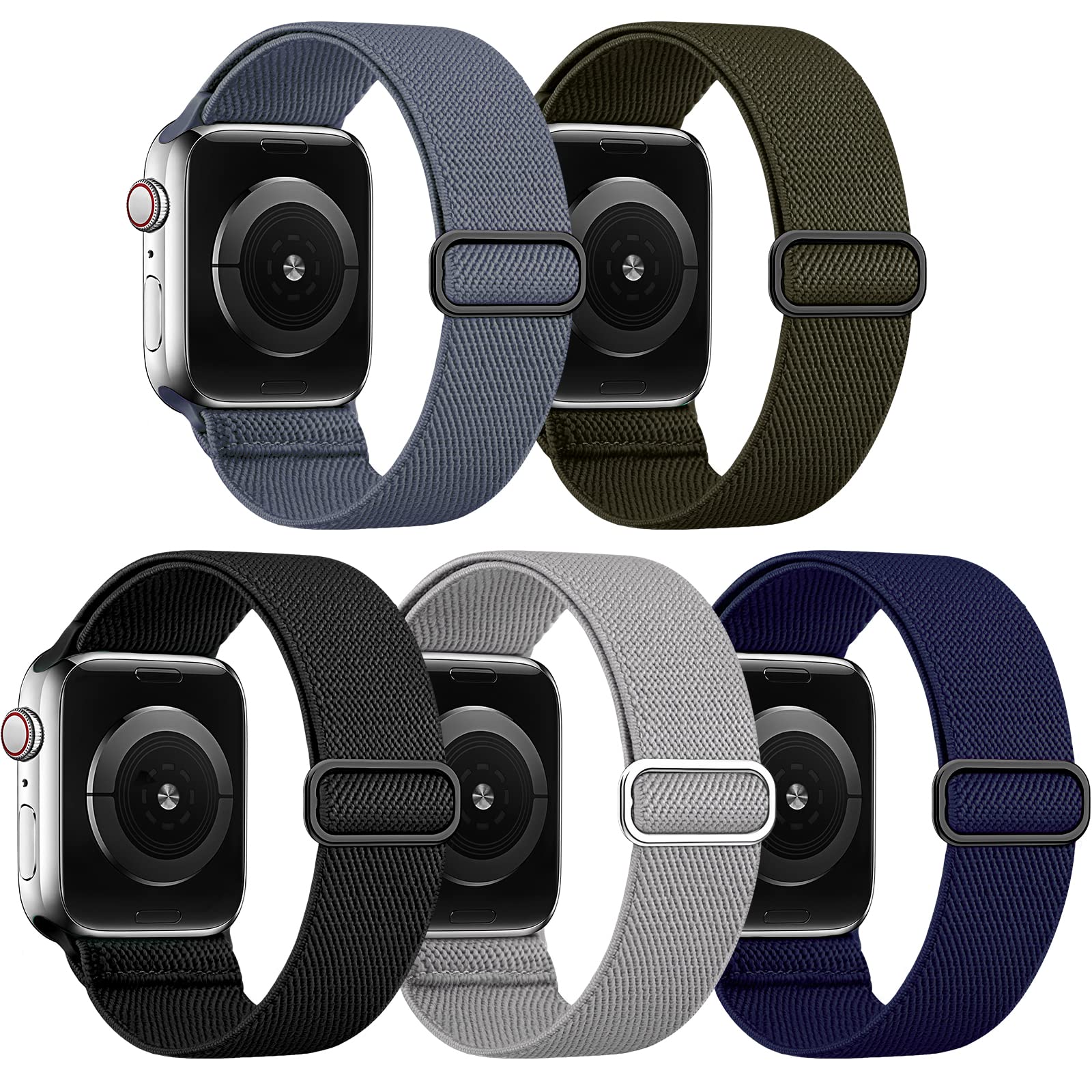 5 Pack Silicone & Nylon Apple Watch Bands - Compatible with 38mm/40mm/41mm/42mm/44mm/45mm - Sport Loop for Men & Women - Perfect for Running, Swimming & Everyday Wear