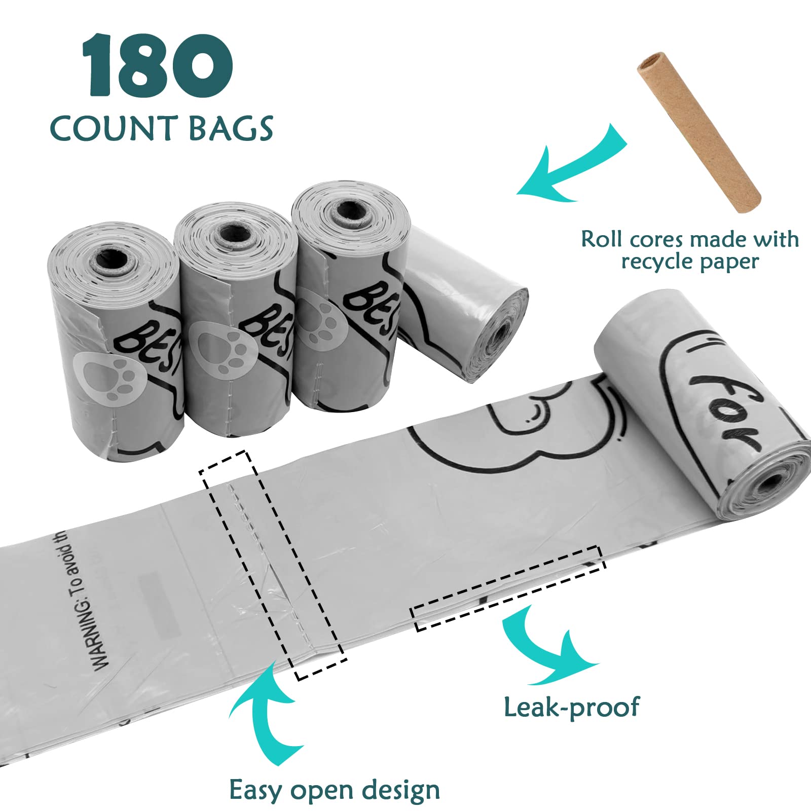 LED Dog Poop Bag Holder with Leash Clip | Portable Pet Waste Dispenser with 180 Leak-Proof Bags | Grey Doggie Potty Accessories for Night Walks, Park Visits & Outdoor Adventures