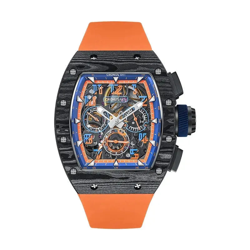 CRONUSART Men's Automatic Chronograph Watch - 50mm Tonneau Mechanical Wristwatch with Carbon Fiber Case, Luminous Hands, and Fluororubber Strap - Perfect for Sports, Outdoor Activities & Casual Wear