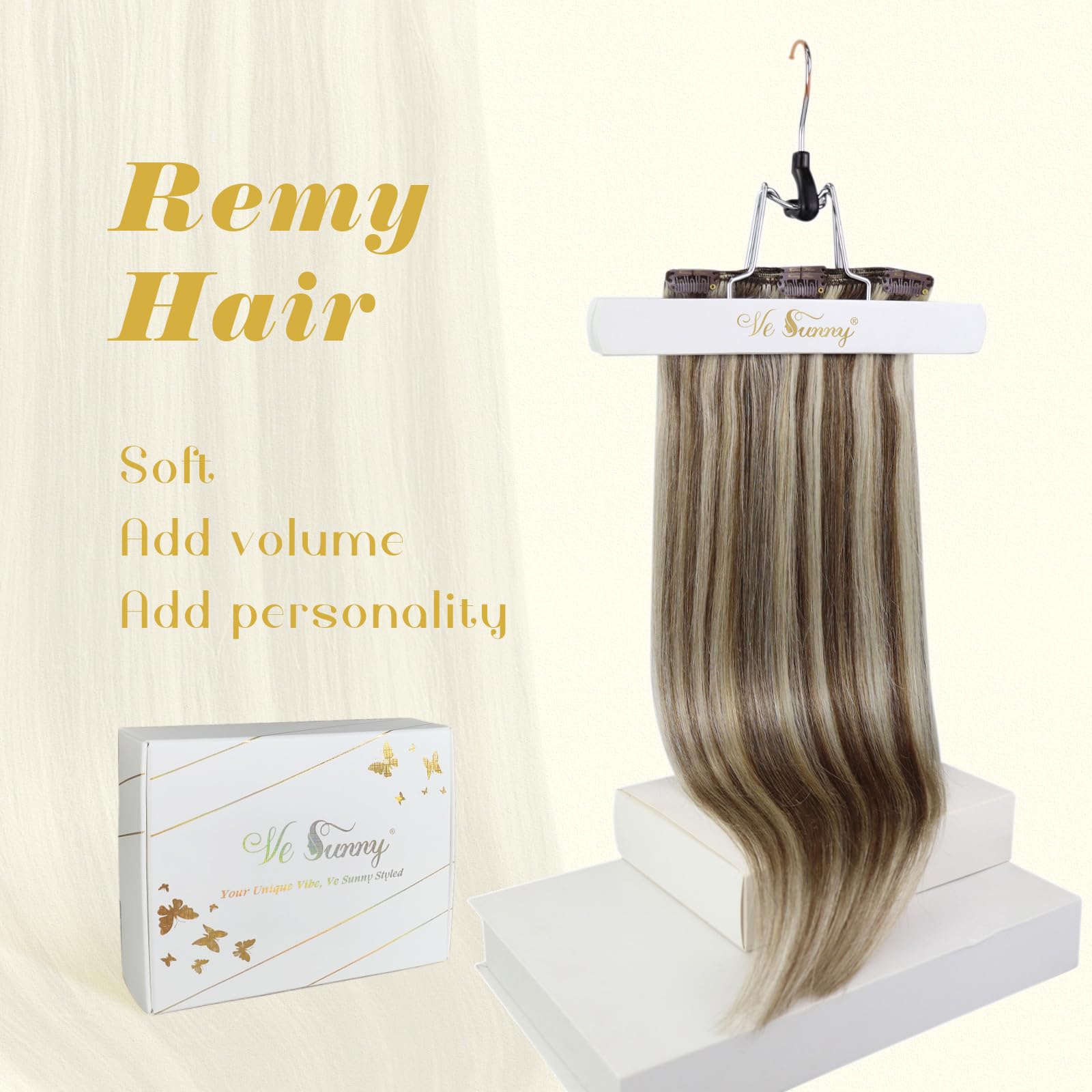 Ve Sunny 24 Inch Clip-in Human Hair Extensions - Remy Hair, Brown Blonde with Light Brown & Platinum Blonde Highlights (7pcs, 120g) for Everyday Styling & Special Occasions