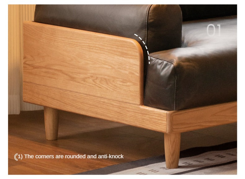 Premium Oak Solid Wood High Back Sofa with Genuine Leather & Fabric Upholstery - Modern Living Room Furniture for Home & Office Comfort