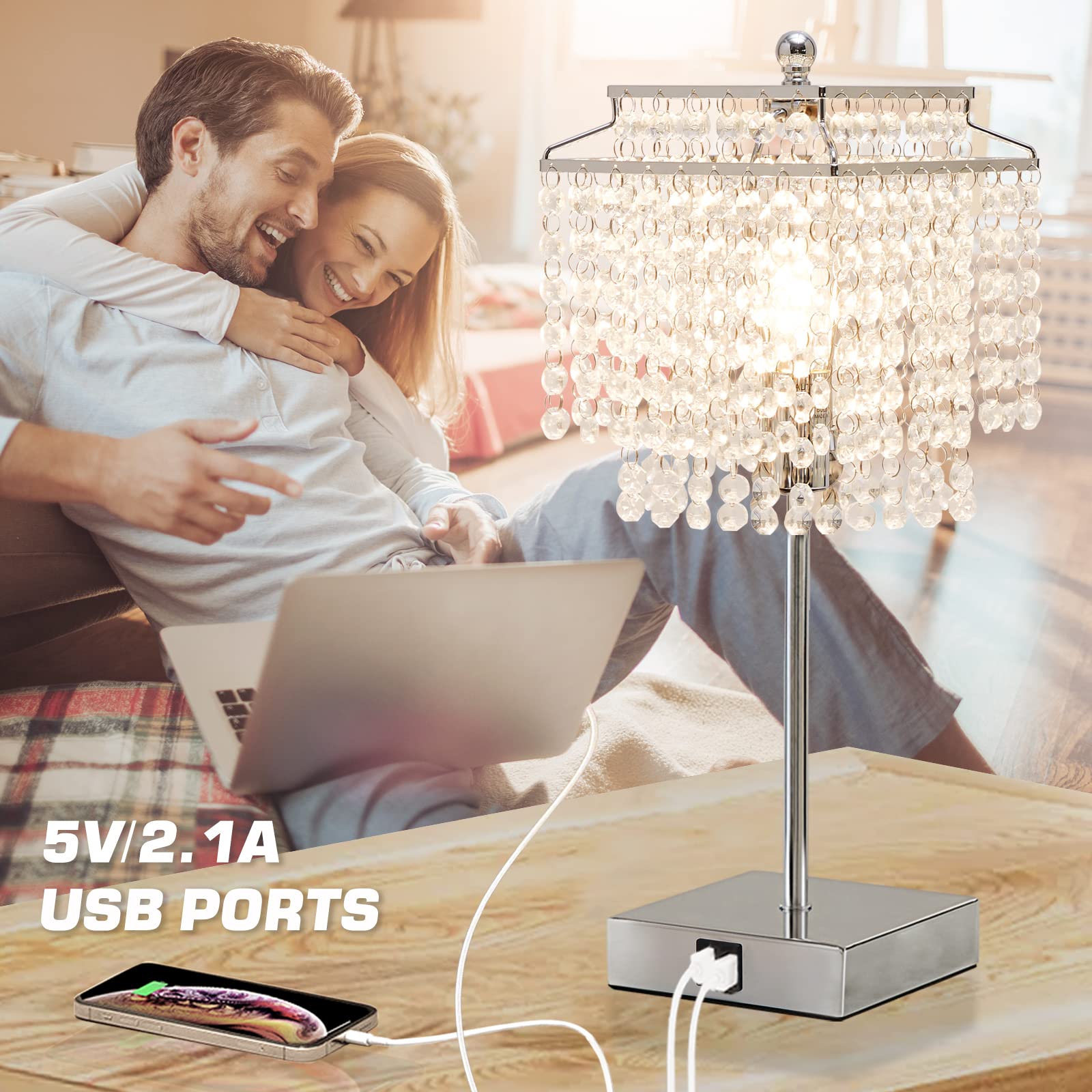 Crystal Table Lamp with USB Ports & Floor Lamp Set of 2 - Modern Silver Lighting for Living Room, Bedroom, Office | Perfect for Reading, Working & Home Decor