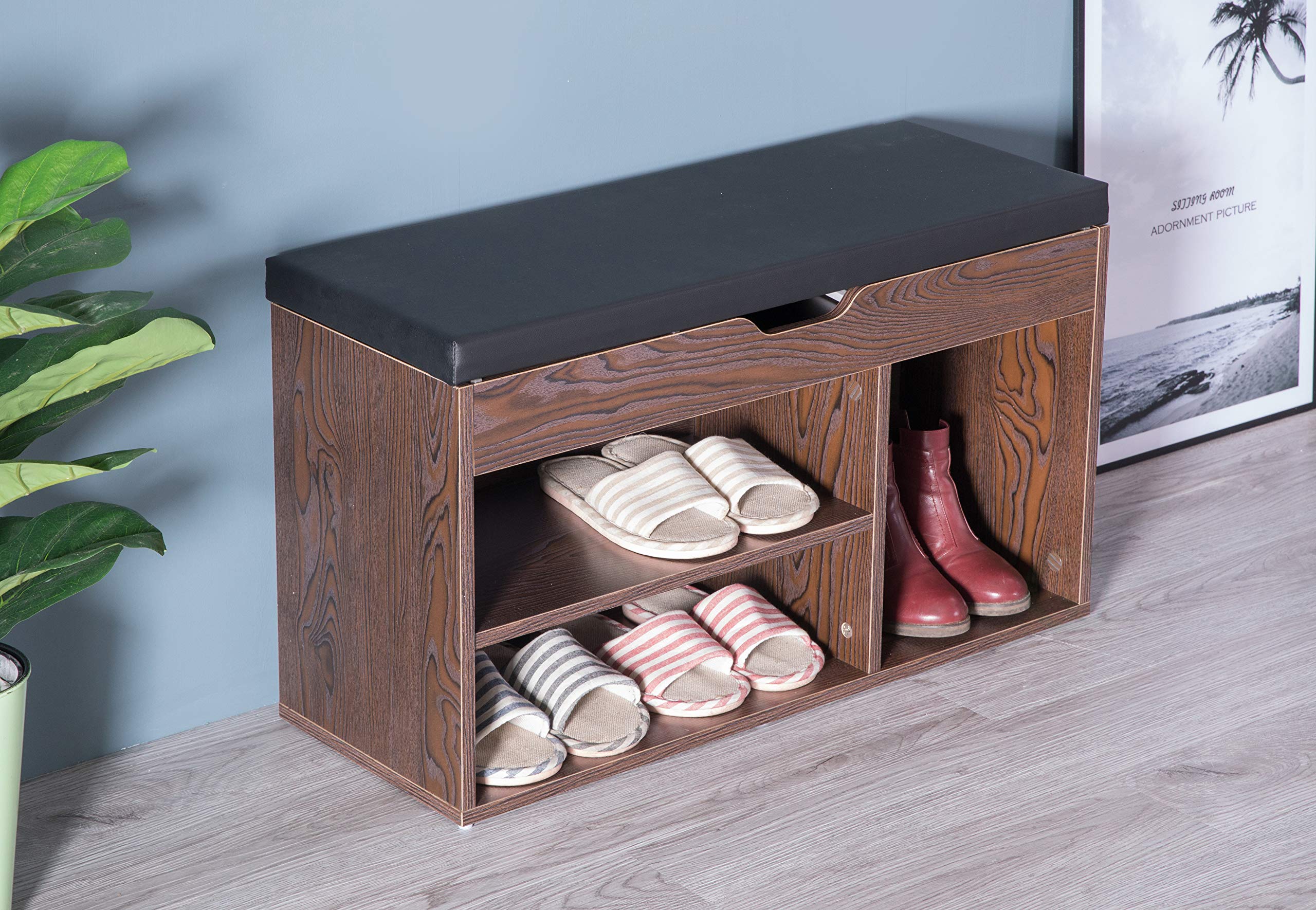 Basicwise Entryway Storage Shoe Rack with Top Seat - Brown & Black Shoe Organizer Bench for Hallway, Mudroom, or Living Room - Space Saving Entry Bench with Shoe Storage