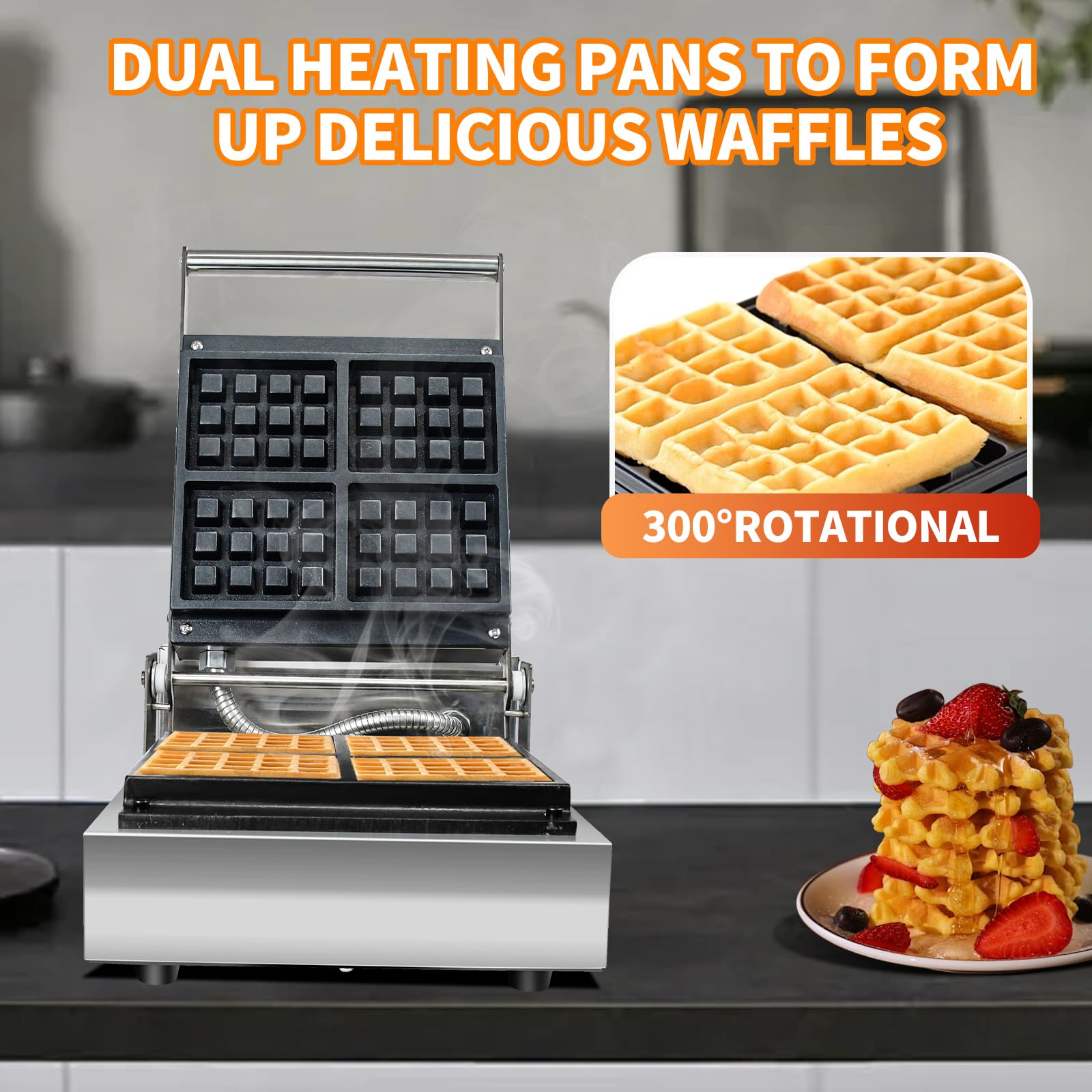 Li Zhen Commercial Waffle Maker - Electric Nonstick Round Waffle Machine with 4 Slices, Mini Waffle Iron for Classic Waffles & Square Pancakes - Perfect for Kids Breakfast, Family Brunch & Cafe Use