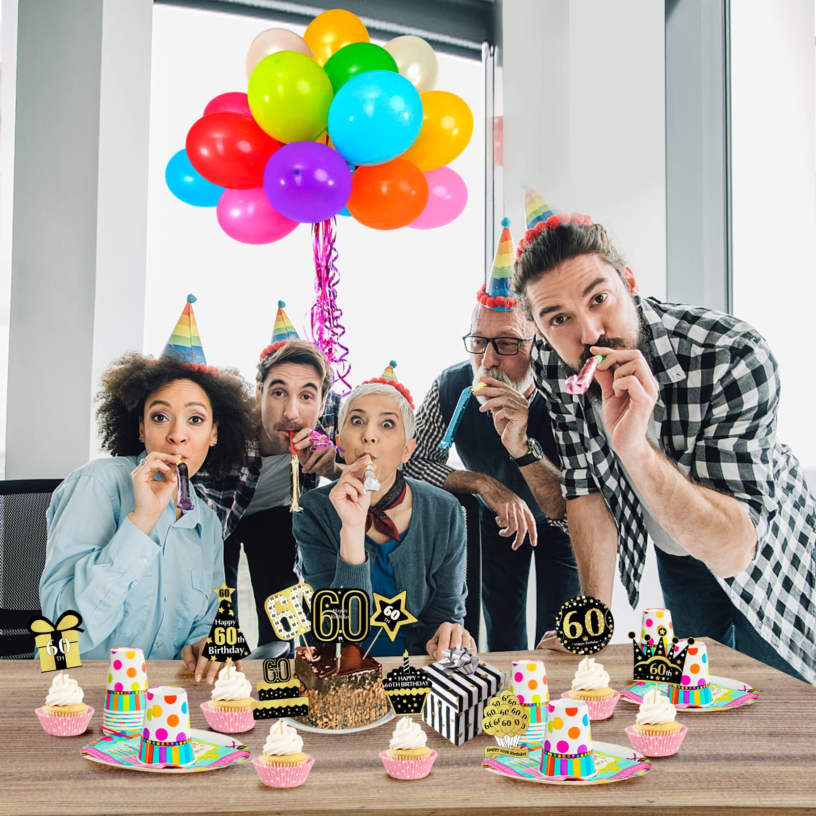 48pcs Gold 60th Birthday Cupcake Toppers Decorations for Men & Women - Happy Sixty Birthday Cake Topper Party Supplies - Perfect for Anniversary Celebrations, Retirement Parties & Milestone Events