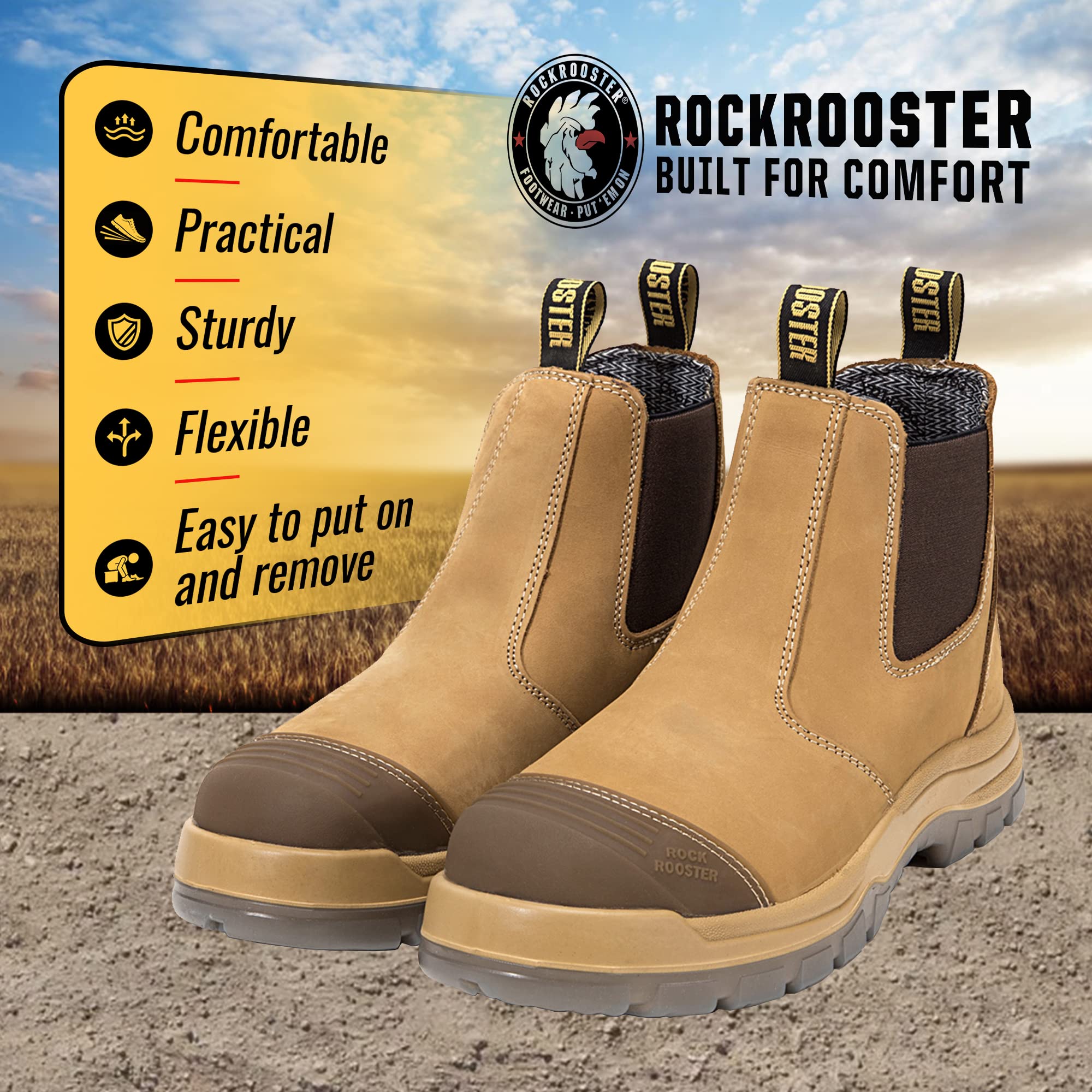ROCKROOSTER Men's 6-Inch Steel Toe Work Boots - Slip Resistant Chelsea Safety Shoes, Durable Leather Construction for Comfort (AK227, AK222) - Ideal for Construction, Warehouse & Outdoor Work