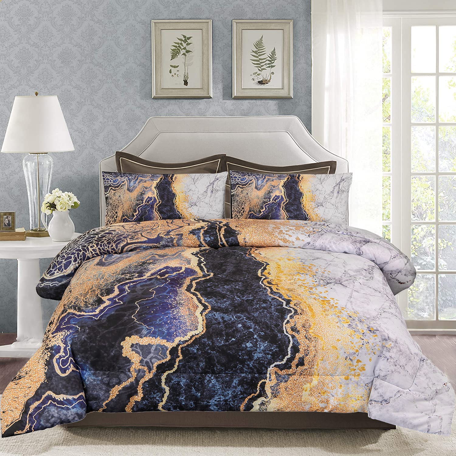 BDAILKA Queen Size Comforter Set - Ultra Soft 3-Piece Grey Marble Bedding Set with 2 Pillowcases, All-Season 90