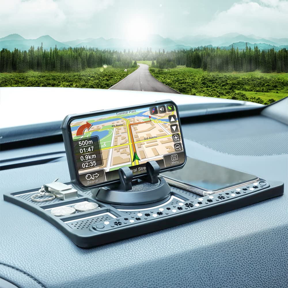 Non-Slip Car Dashboard Phone Pad - Universal 360° Anti-Slip Mat for 4-in-1 Phone Holder with Aromatherapy Diffuser & Parking Card Slot | Perfect for Road Trips, Commuting and Hands-Free Driving