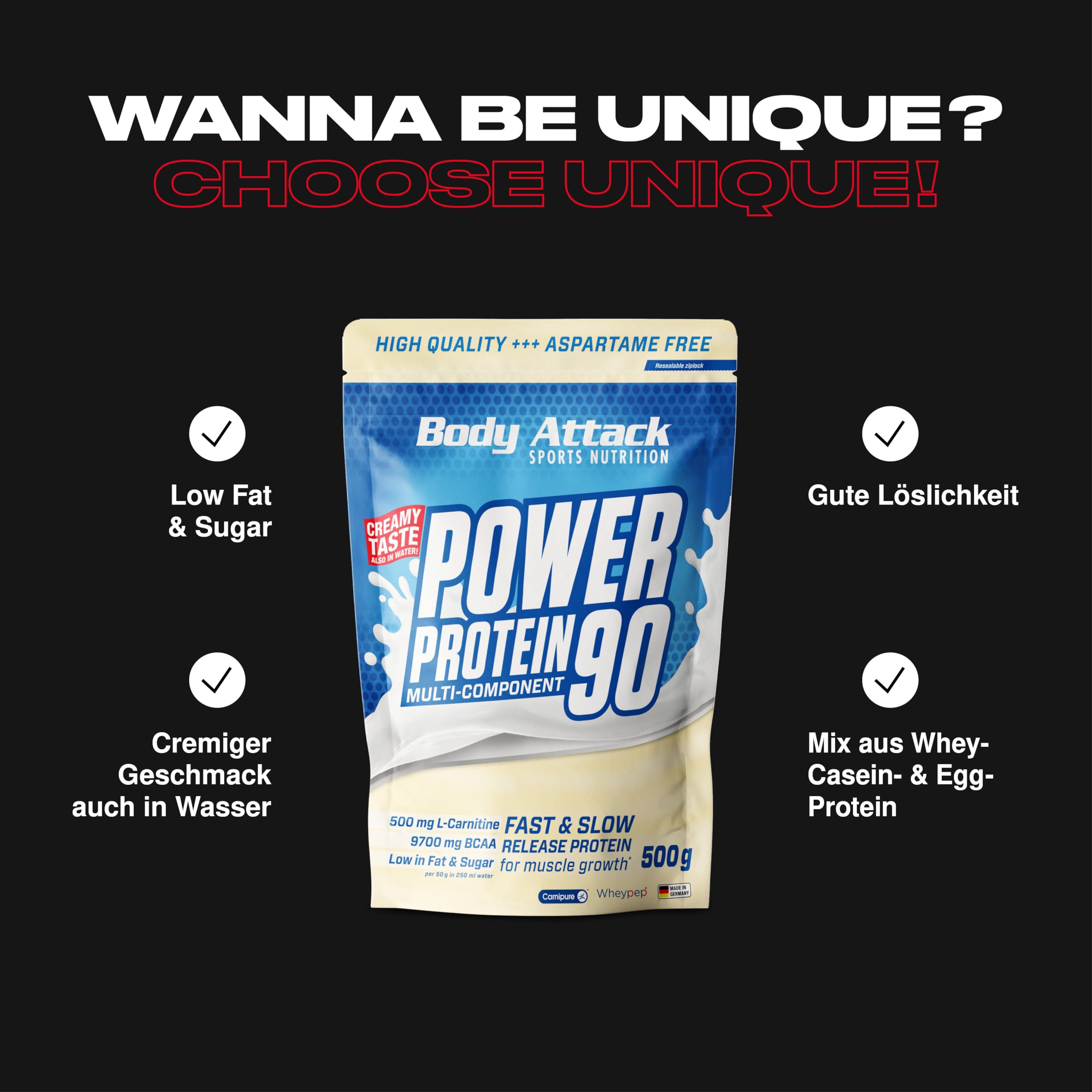 Body Attack Power Protein 90 - Butter Biscuit Flavor - 500g Multi-Component Protein Powder with BCAA, Vitamins & L-Carnitine - Made in Germany - Creamy Protein Shake for Muscle Recovery & Post-Workout Nutrition - Ideal for Gym, Fitness & Bodybuilding