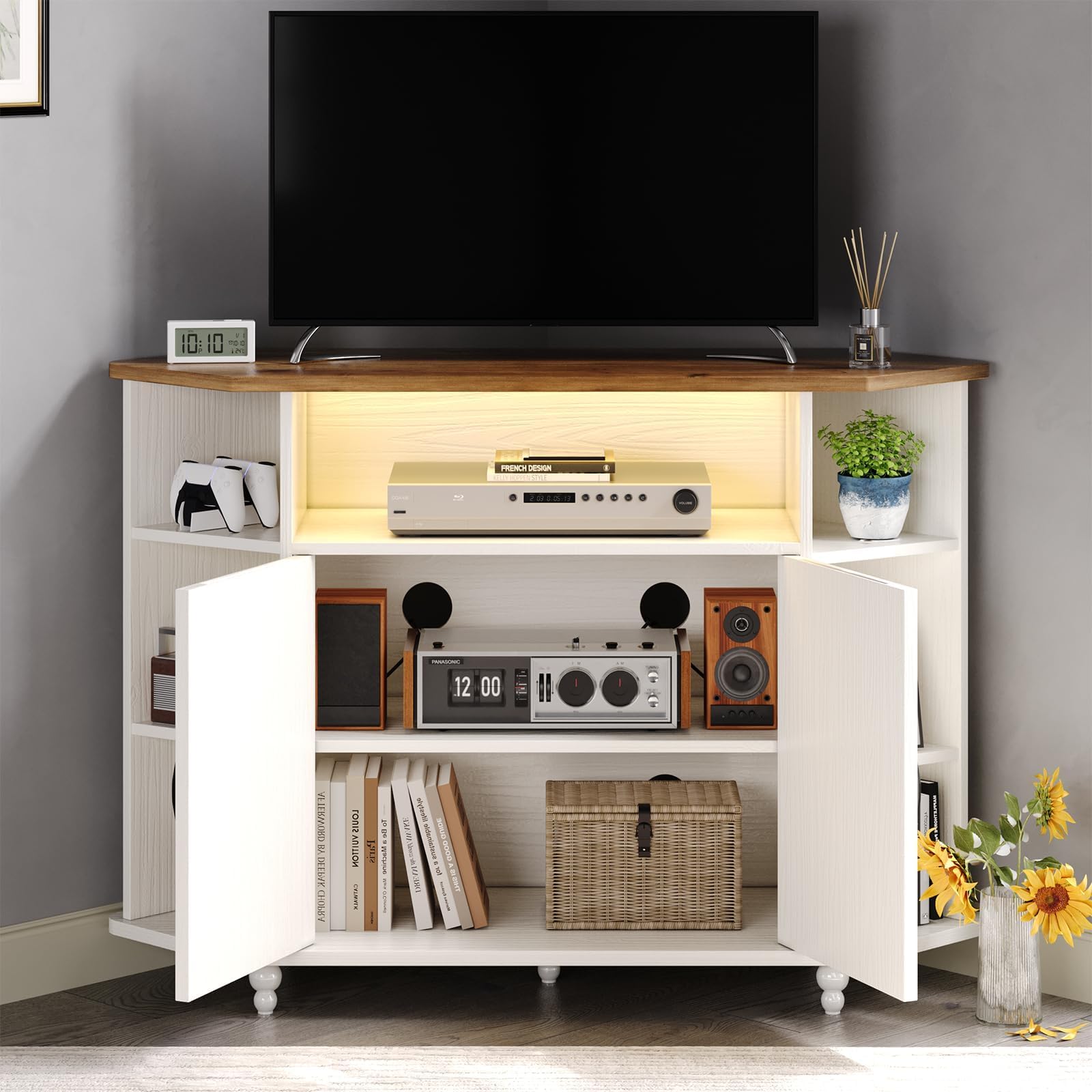 4 EVER WINNER 55 Inch Corner TV Stand with LED Lights, Adjustable Shelves & Barn Doors - Farmhouse Style Entertainment Center for Living Room, Bedroom - Perfect for Small Spaces & Home Theater Setup