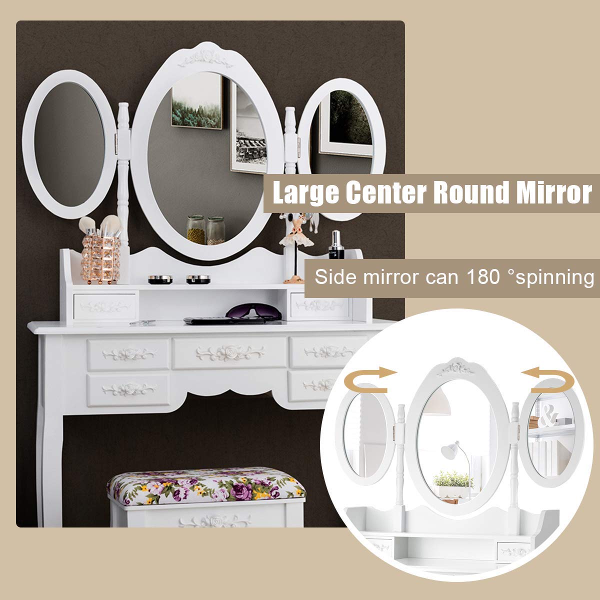 HOMGX White Vanity Table Set with Tri-Fold Oval Mirror, 7 Drawers & Cushioned Stool - Durable Paulownia Wood Makeup Desk & Storage Organizer for Bedroom, Dressing Table & Writing Desk - Perfect for Girls' Room, Home Decor & Beauty Routine