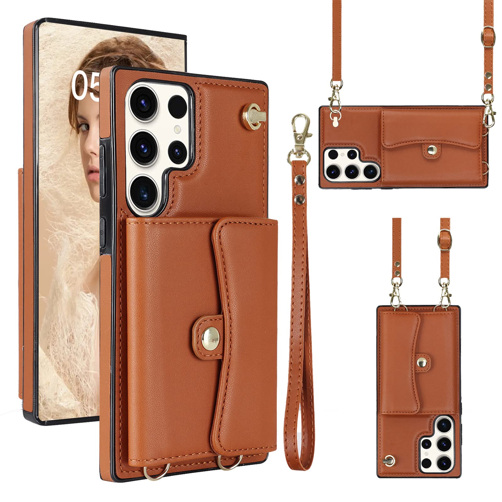 Leather Crossbody Wallet Case for Samsung Galaxy S22 Plus - Credit Card Holder with Kickstand & Wrist Strap - Magnetic Closure Flip Phone Purse Cover for Women (Brown) | Perfect for Travel, Shopping & Everyday Use