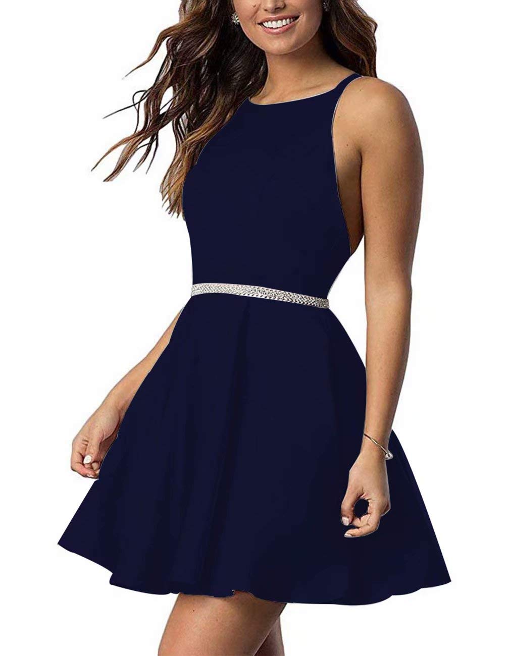 Elegant Satin Halter Short Homecoming Dress with Pockets & Beaded Cross-Back - Prom, Formal Gown for Women - Perfect for Dances, Parties & Special Occasions