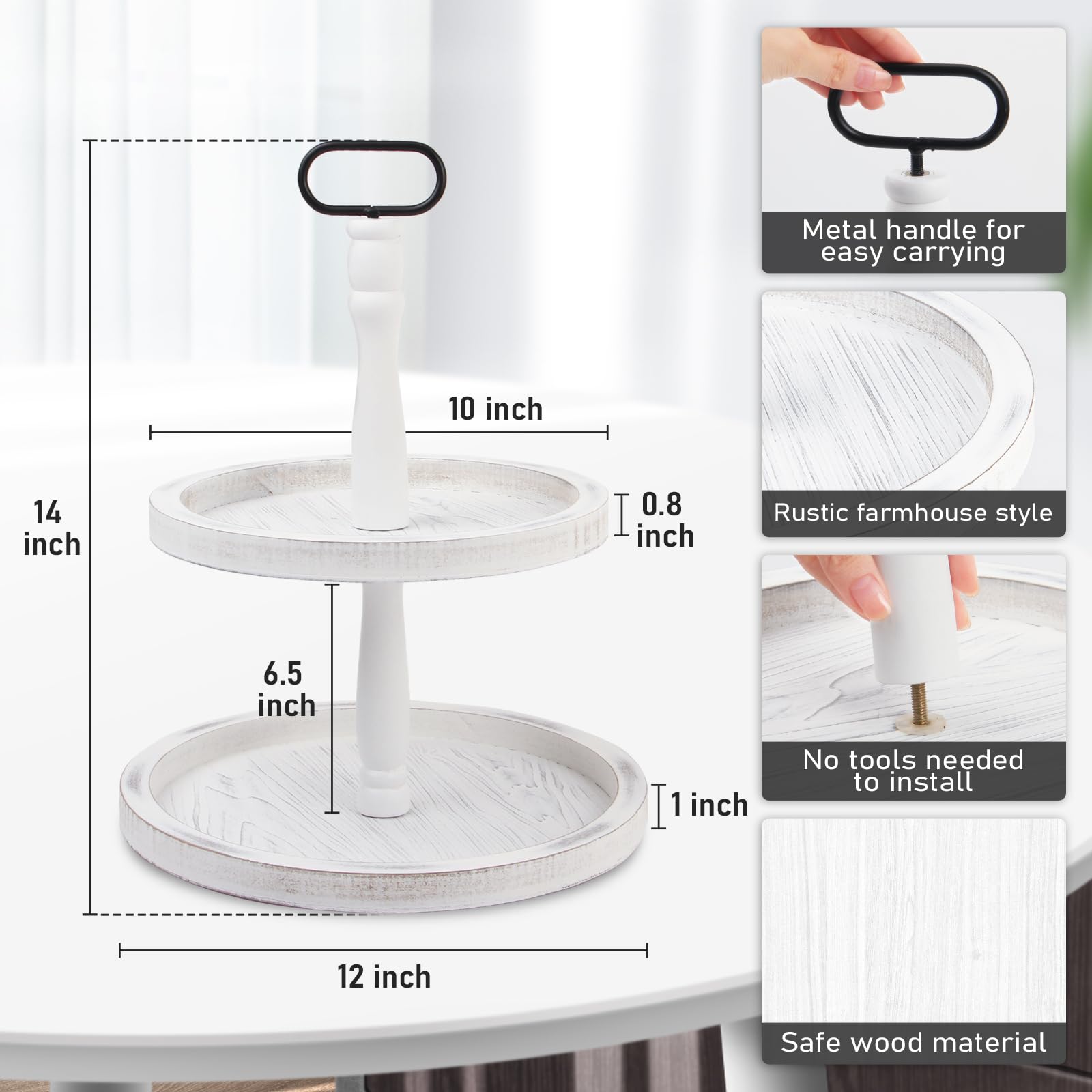 2-Tier Wooden Serving Tray Stand - Rustic Farmhouse Coffee Bar Decor for Kitchen, Dining Table & Home Display - White Wooden Display Tray for Desserts, Plants & Decorative Arrangements