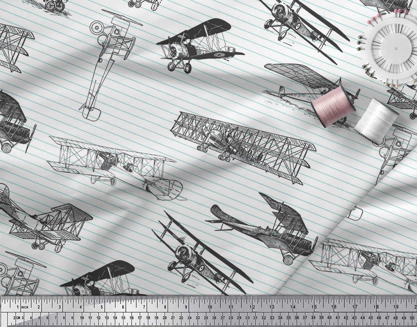 Soimoi Moss Georgette Brown Fabric by The Yard - 42 Inch Wide Striped Aviation Print Fabric for Dresses, Curtains & DIY Crafts - Lightweight Airplane Transport Pattern Material