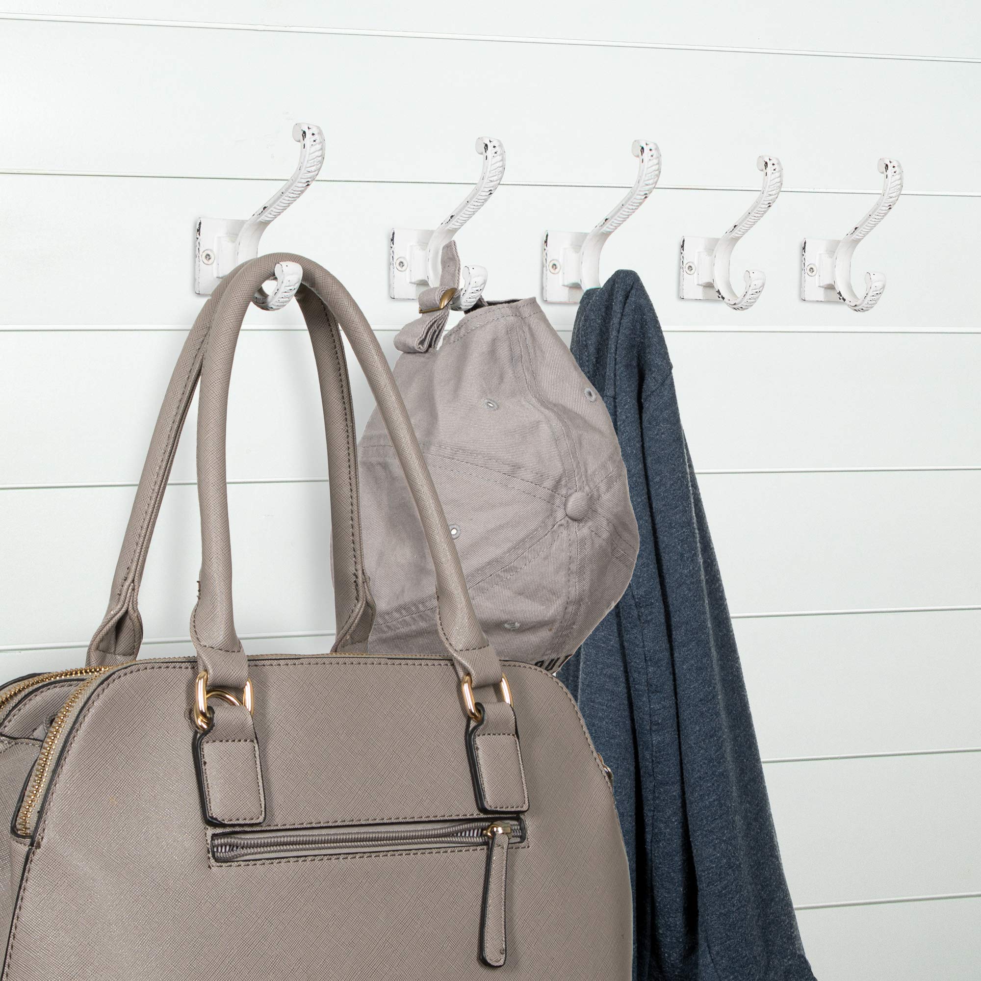 Antique White Cast Iron Wall Hooks - Rustic Farmhouse Coat, Towel, Hat, Scarf & Bag Hooks - 5 Pack DIY Home Decor for Entryway, Bathroom, Bedroom & Mudroom Organization