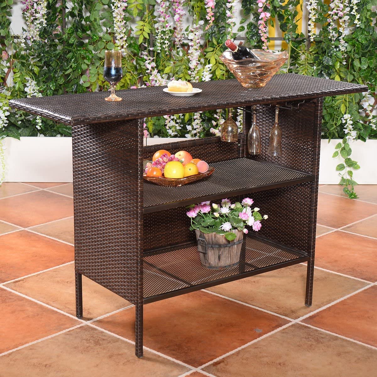 Premium Outdoor Rattan Bar Table with 2 Steel Wicker Storage Shelves & Cup Holders - Patio, Garden, Balcony, Poolside Lounge Furniture for Drinks & Entertaining