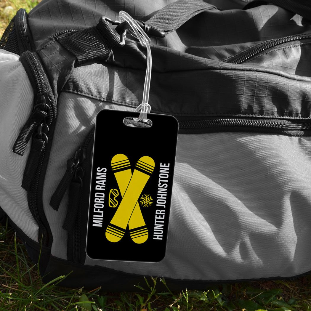 Personalized Snowboard Luggage Tag with Crossed Boards Design - Large Black & Yellow Bag Tag for Travel | Perfect for Ski Trips & Winter Vacations