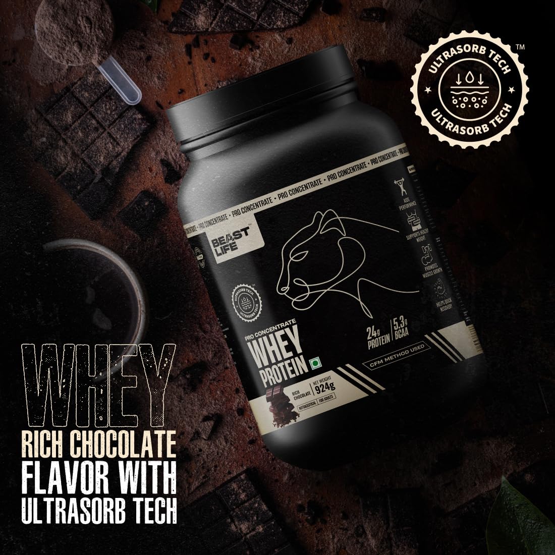 BeastLife Whey Protein Powder - Rich Chocolate Flavor 924g | 24G Protein & 5.3G BCAA | Ultrasorb Tech for High Absorption | Muscle Building & Recovery for Men & Women | Perfect for Post-Workout, Gym Training & Fitness Nutrition