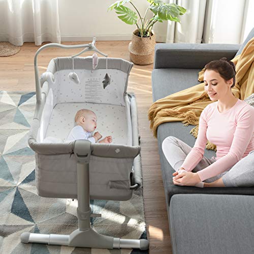 BABY JOY Adjustable Baby Bassinet Bedside Sleeper - Portable Crib with Music, Toy Rack, Mattress & Carrying Bag - Breathable Mesh Design for Newborns & Infants (Light Grey) | Perfect for Nursery, Bedroom & Travel