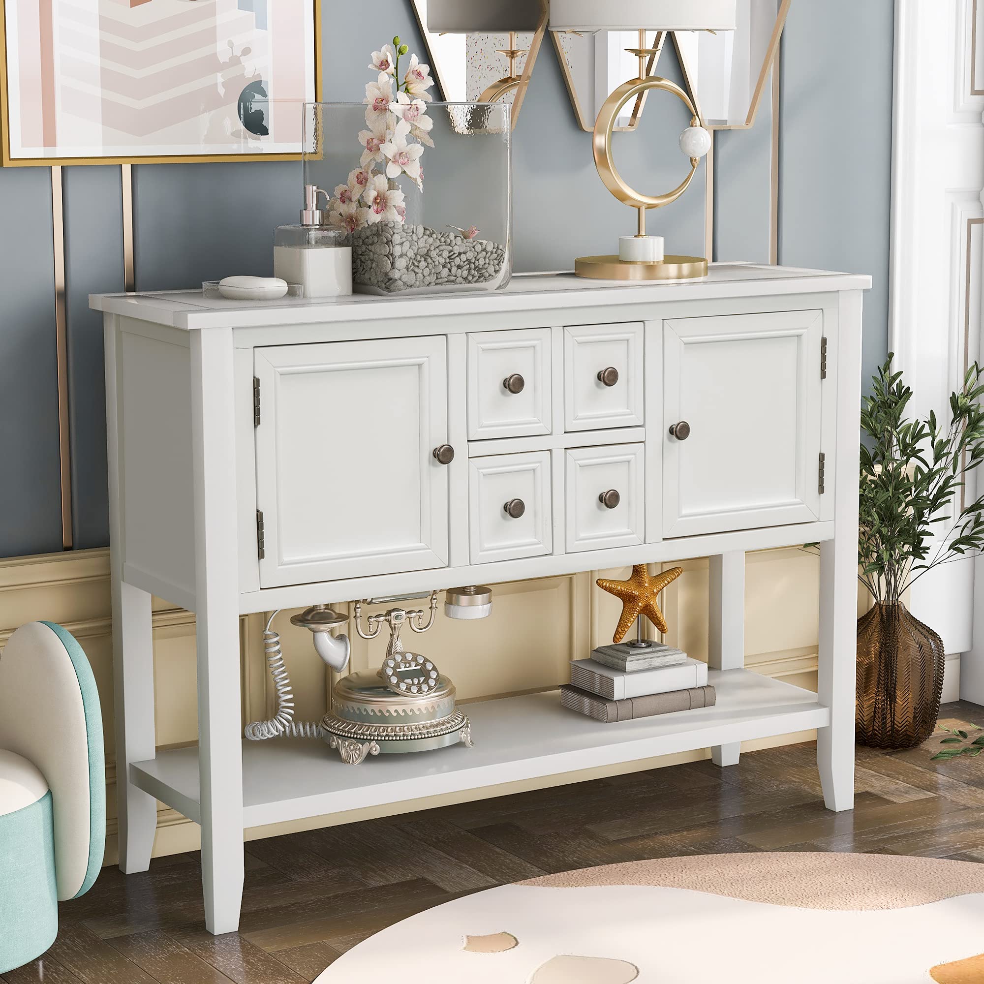 46 Inch Solid Wood Console Table with 4 Drawers & 2 Doors - Buffet Sideboard Sofa Table with Bottom Display Shelf for Living Room, Kitchen, Dining Room, Entryway & Hallway - Perfect for Home Storage & Display Decor